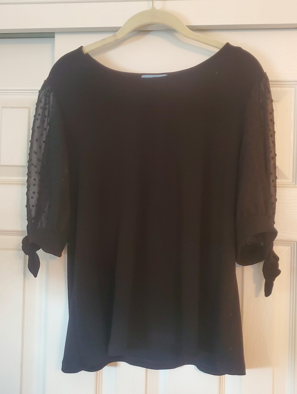 CeCe Black Semi-Sheer Dot Sleeve Tie Top